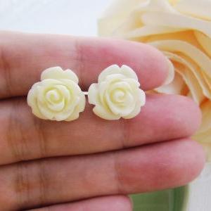 Cream White Rose Cabochon Ear Studs