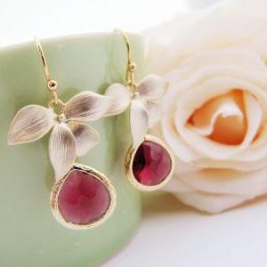 Matte Gold Flower And Red Ruby Glass Drop Earrings..