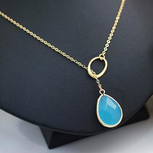 Oval Charm With Sky Blue Glass Necklace ,..