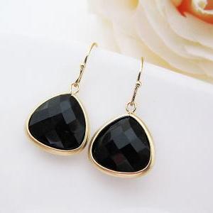 Matte Gold Trimmed Black Onyx Gemstone Earrings -..