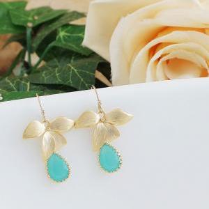 Mint Opal Glass Drops With Gold Flower Dangle..