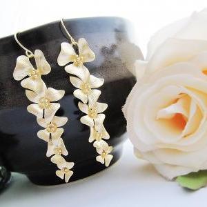Five Flowers Dangle Earrings - Matte Gold - Bridal..