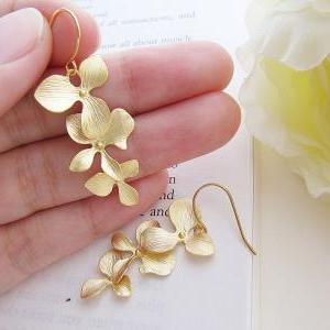 Orchid Trio Dangle Earrings - Matte Gold