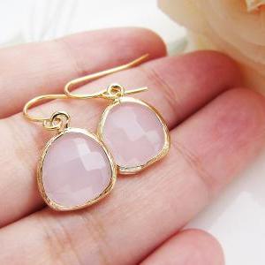 Pink Opal Ice Pink Glass Drop Dangle Earrings -..
