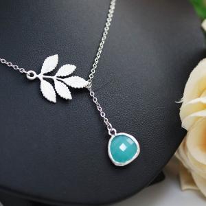 Leaf Branch And Mint Glass Lariat Necklace ,..