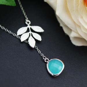 Leaf Branch And Mint Glass Lariat Necklace ,..