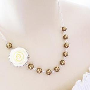 Cream White Rose Flower Cabochon And Antique Brass..