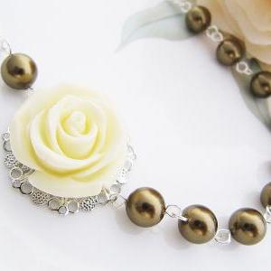 Cream White Rose Flower Cabochon And Antique Brass..