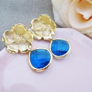 Matte Gold Flower Ear Posts And Capri Blue Glass..