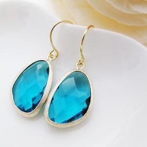 Ocean Blue Glass Matte Gold Trimmed Earrings -..