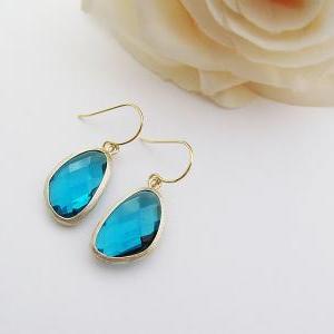 Ocean Blue Glass Matte Gold Trimmed Earrings -..