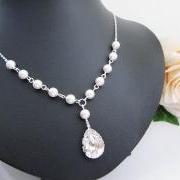 Wedding Bridal Jewelry Bridal Necklace - Crystal White Swarovski Pearls and Clear Swarovski Crystal Drop