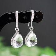 Wedding Jewelry Bridal Earrings Bridesmaid Earrings Cubic Zirconia Ear wires with Clear Glass rhodium Trimmed Pear Cut Earrings