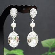 Wedding Bridal Jewelry Bridal Earrings Bridesmaid Earrings Cubic zirconia earrings with Clear White Oval Swarovski Crystal and Pearl drops