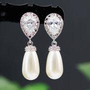 Wedding Jewelry Wedding Earrings Bridal Earrings Bridesmaid Earrings cubic zirconia ear posts with Cream Swarovski Pearl Tear Drop Earrings