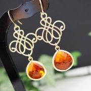 Everyday wear jewelry Wedding Jewelry Bridesmaid Jewelry Matte gold plated oriential charm with Fire Opal Orange Glass Drops earrings