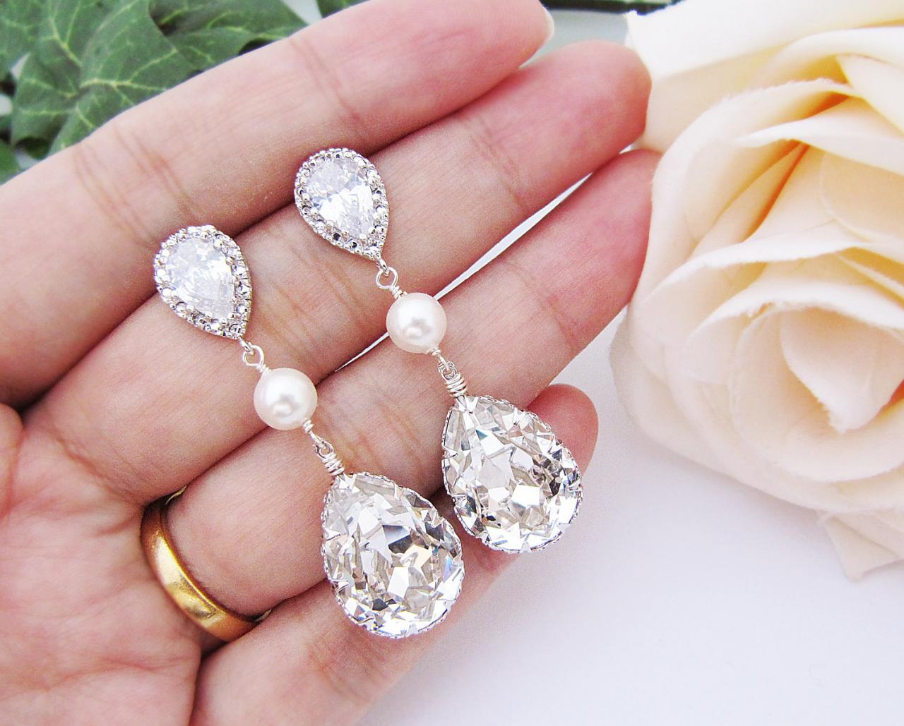 Wedding Jewelry Bridal Earrings Bridesmaid Gift Bridesmaid Earrings Cz Ear Posts With Swarovski Crystal And Pearls Drop Dangle Earrings