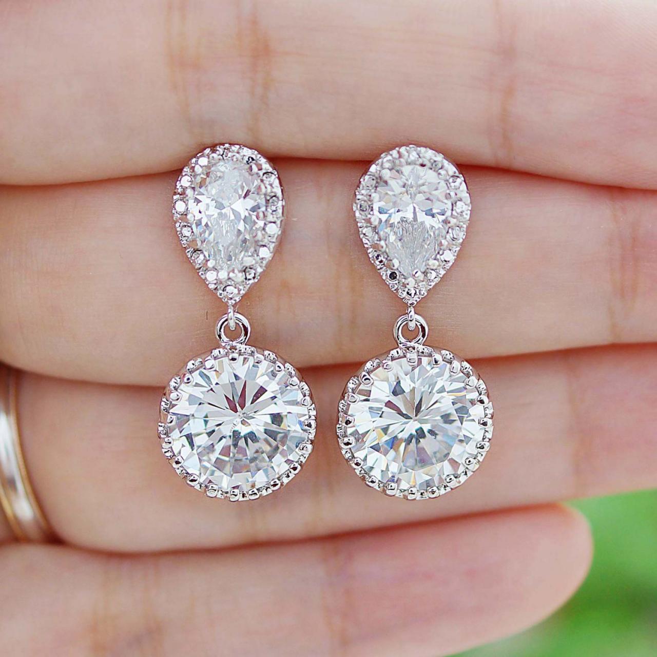 Bridal Earrings Round Cubic Zirconia Drop Earrings Dangle Earrings Wedding Jewelry Bridesmaid Gift Bridal Jewelry Wedding Earrings
