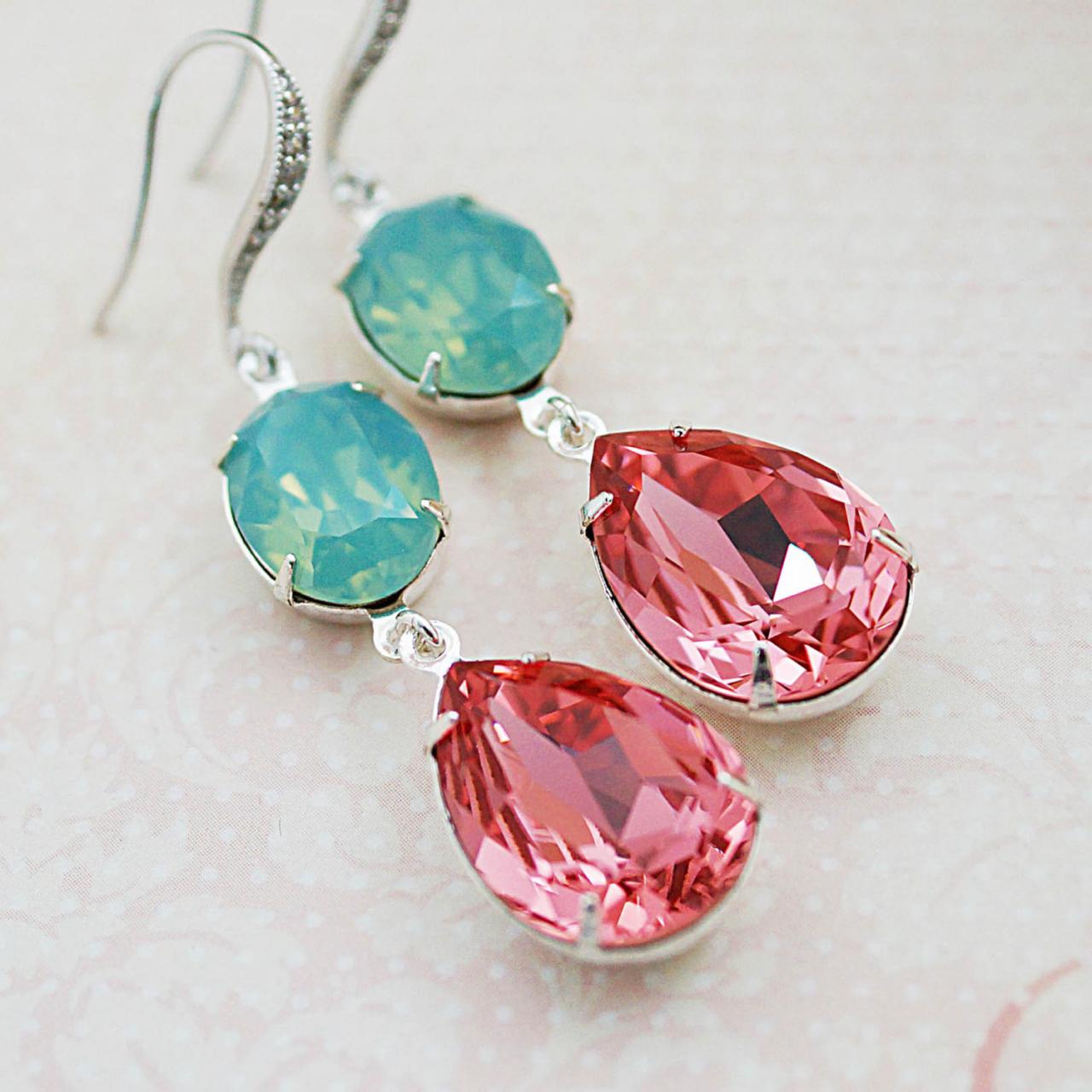 Wedding Jewelry Bridesmaid Earrings Dangle Earrings Estate Style Earrings Rose Peach With Mint Opal Swarovski Crystal Dangle Earrings Gift