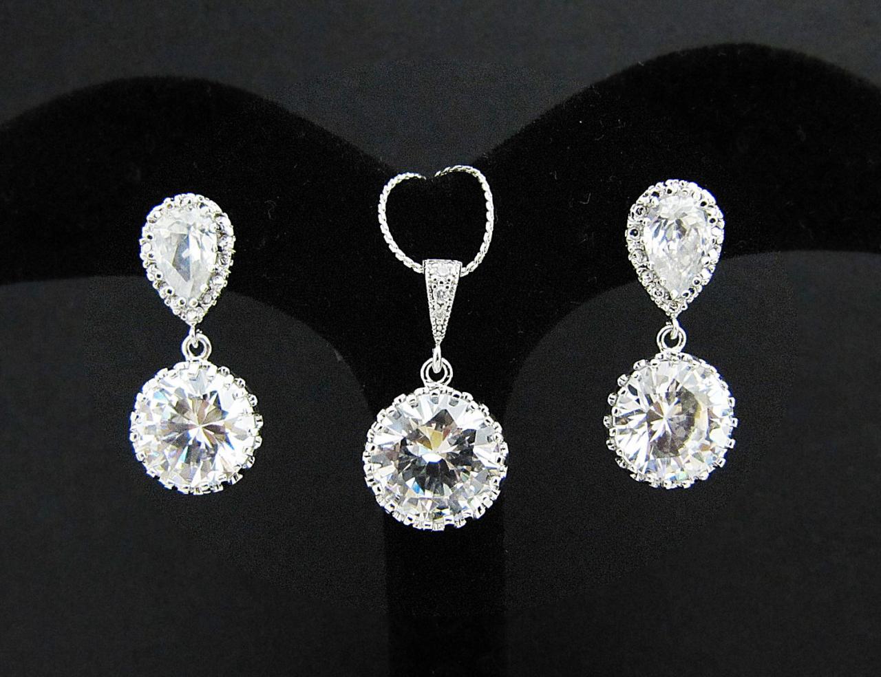 Wedding Jewelry Bridal Necklace Bridal Earrings Clear White Round Cubic Zirconia Crystal Drops Bridal Jewelry Set