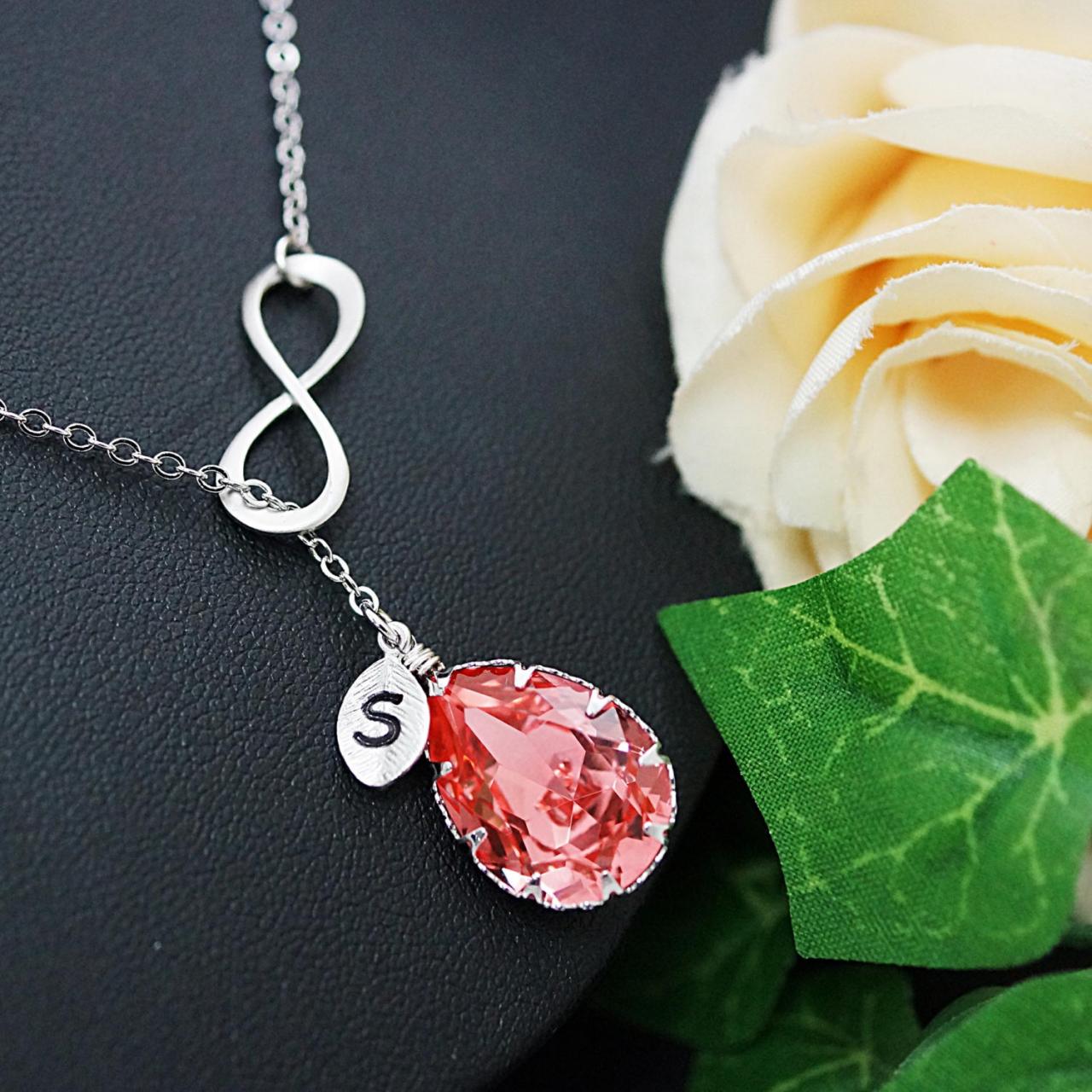 Personalized Necklace Bridesmaid Gift Wedding Infinity Charm With Swarovski Tear Drop And Initial Leaf Charm Necklace Christmas Gift For Her