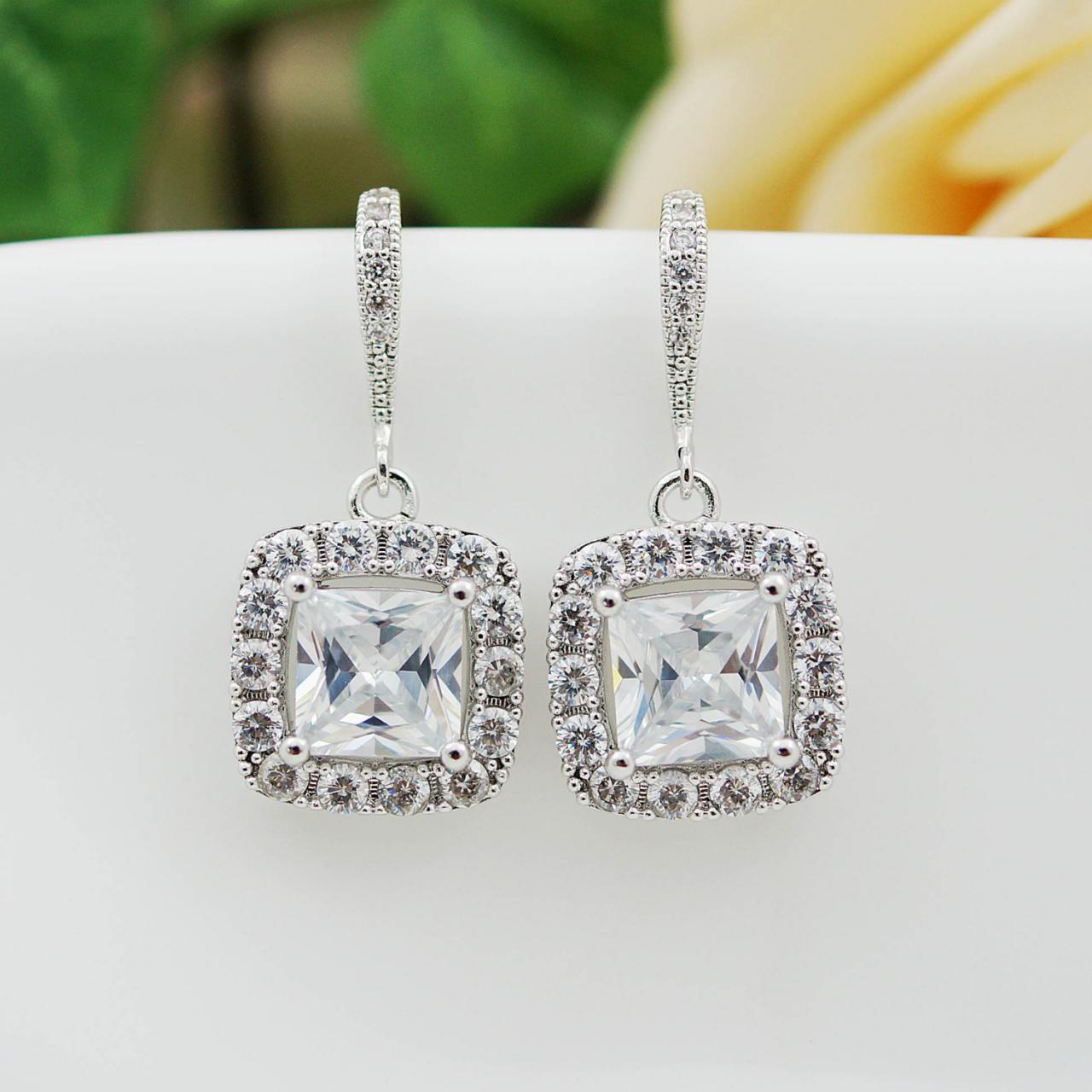 Wedding Bridal Jewelry Bridal Earrings Dangle Earrings Clear (lux) Cubic Zirconia Halo Style Square Drop Earrings Bridesmaid Gift