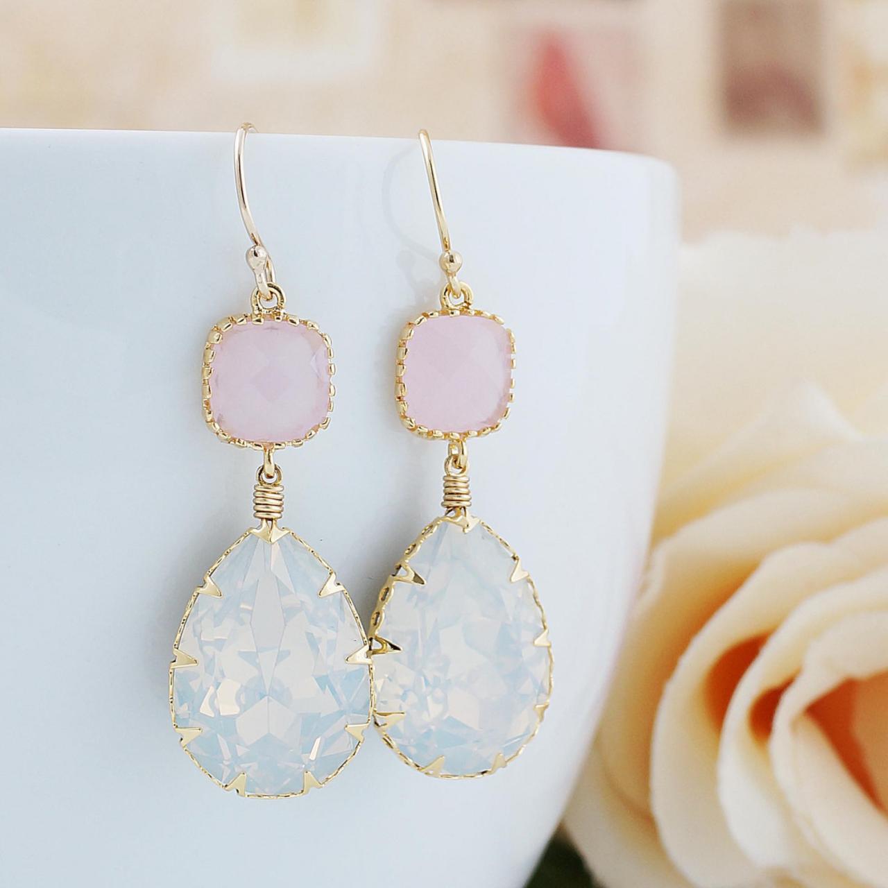 White Opal Swarovski Crystal Gold Filled Earrings - Dangle Earrings Pastel Earrings Gift For Her Weddings Bridesmaid Jewelry Bridesmaid Gift