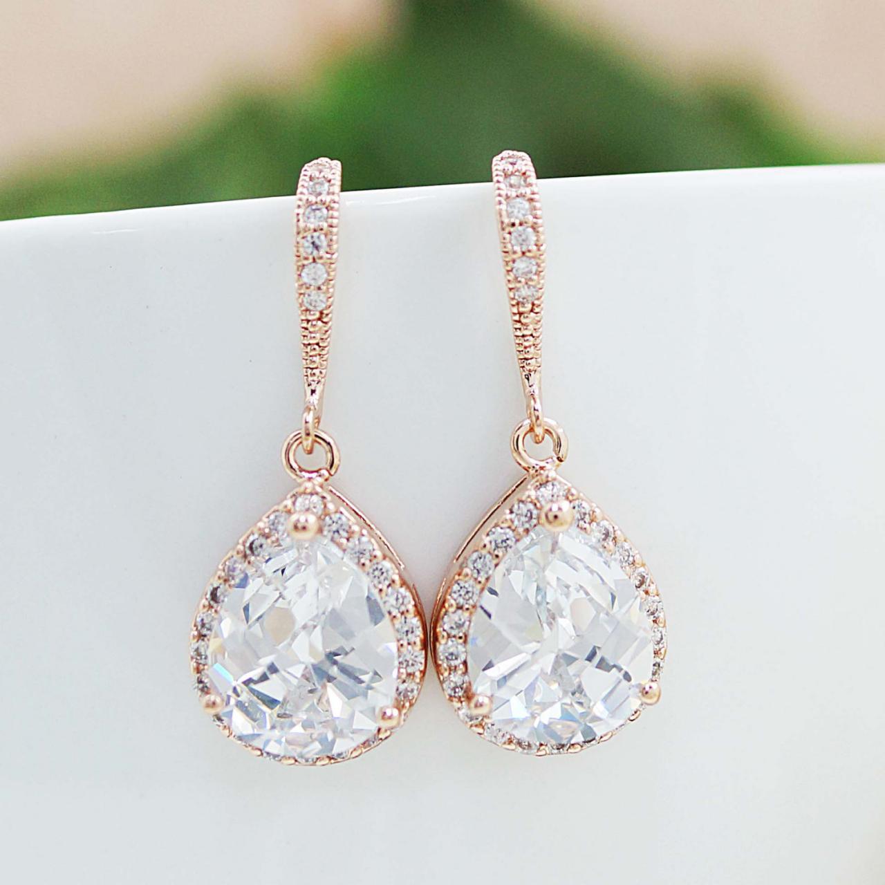 Bridal Earrings Bridesmaid Gift Wedding Earrings Bridal Jewelry Lux Rose Gold Clear White Cubic Zirconia Crystal Tear Drop Wedding Earrings