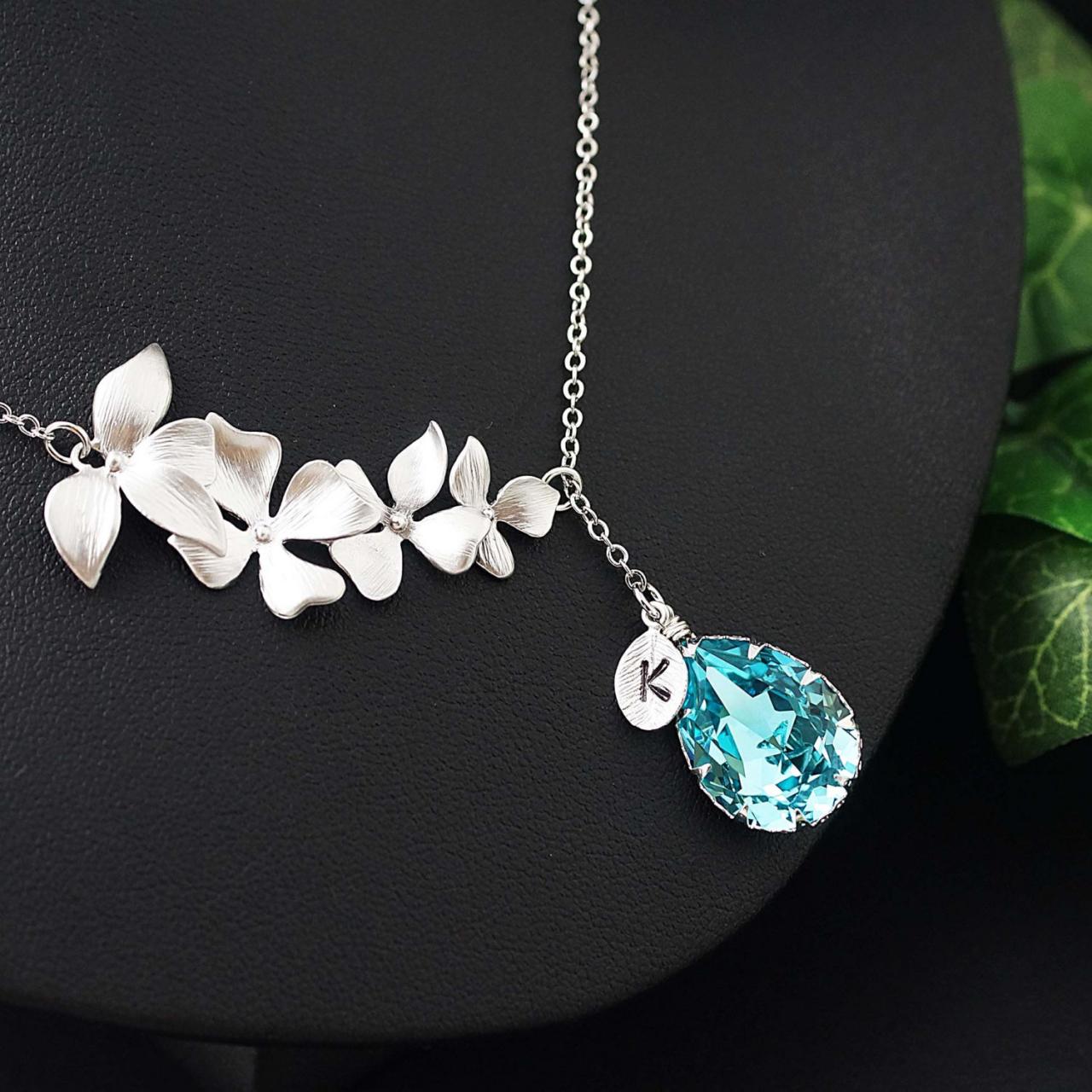 Personalized Necklace Bridesmaid Gift Four Flower Pendant With Swarovski Tear Drop And Initial Leaf Charm Necklace , For Her. Gift For Her