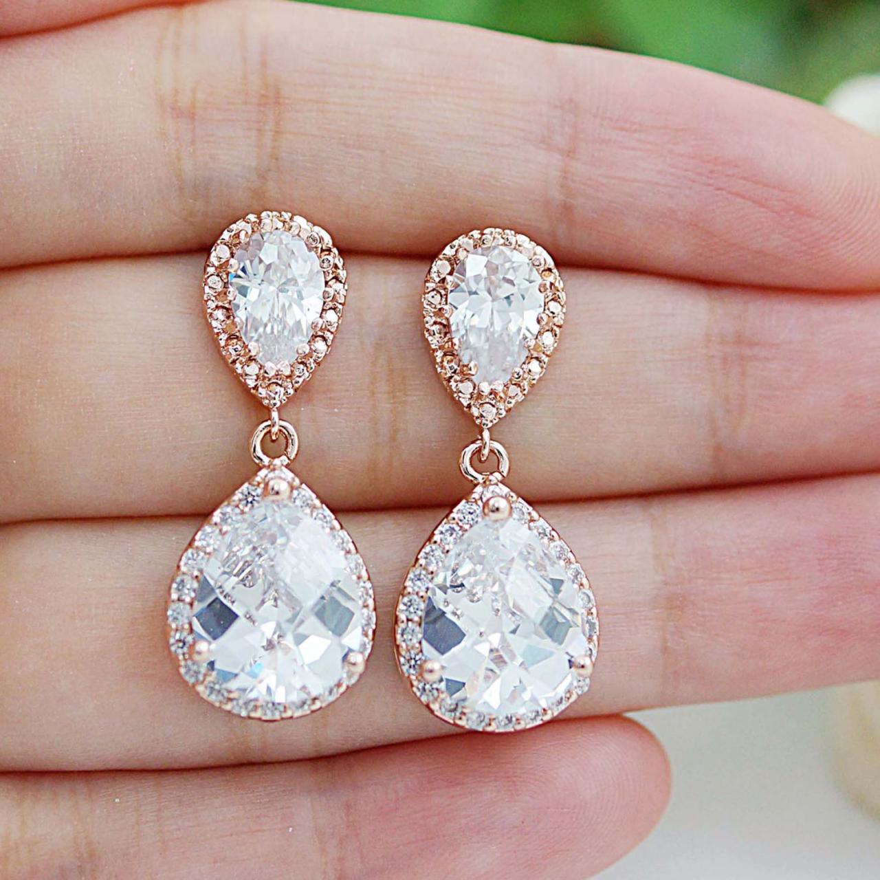Wedding Jewelry Bridal Earrings Bridesmaid Gift Bridal Jewelry Lux Rose Gold Clear White Cubic Zirconia Crystal Tear Drop Wedding Earrings