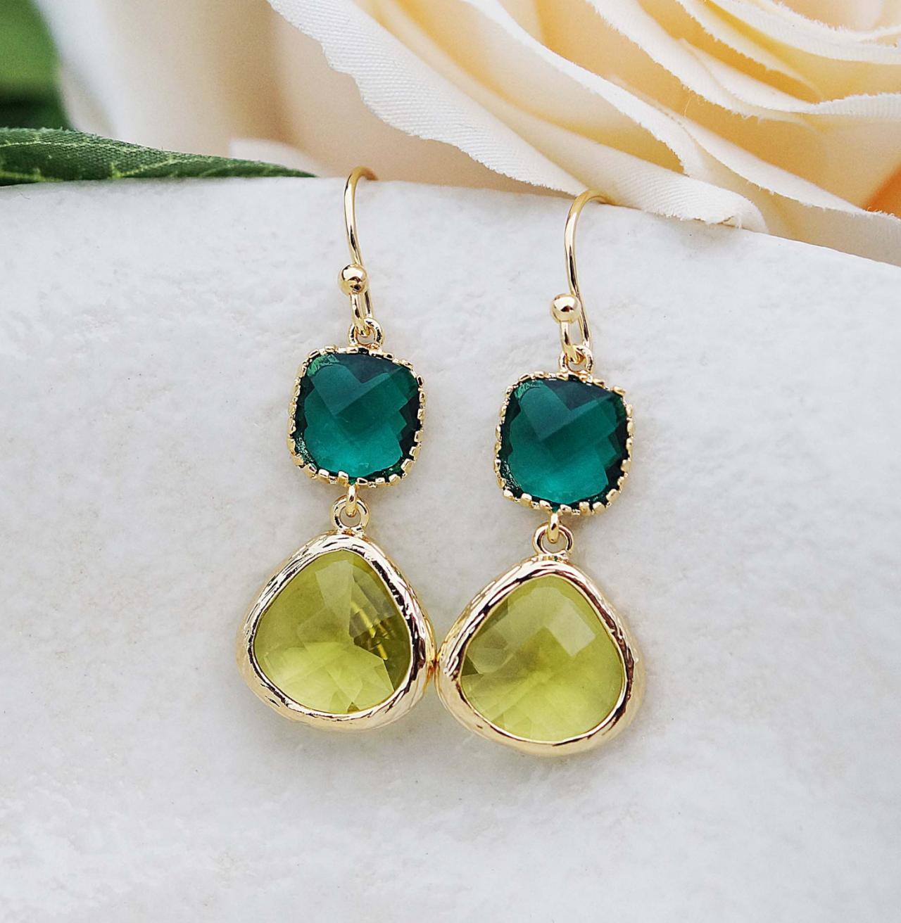 Wedding Jewelry Bridesmaid Earrings Dangle Earrings Gold Framed Olive Green And Emerald Glass Drop Earrings
