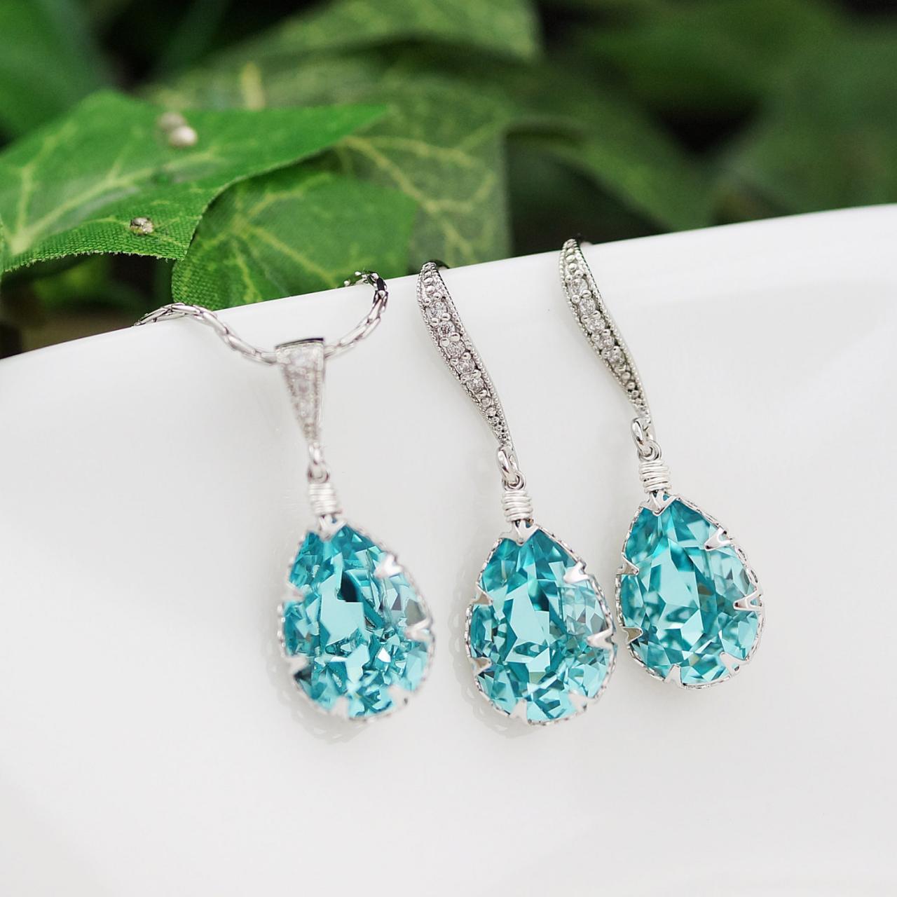 Wedding Jewelry Bridesmaid Gifts Bridesmaid Earrings Bridesmaid Necklace Light Turquoise Swarovski Crystal Tear Drops Bridal Jewelry Set