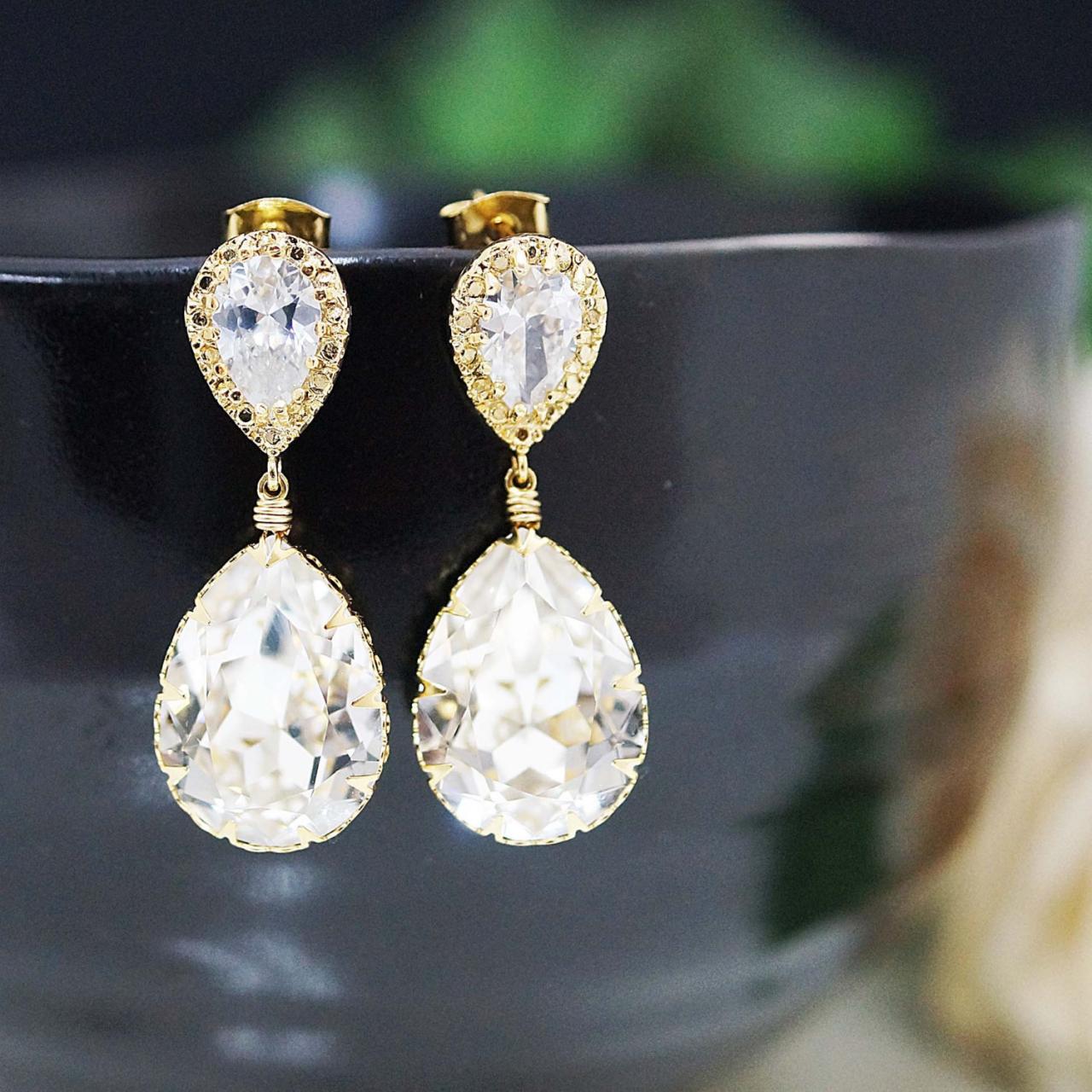 Bridal Earrings Bridesmaid Earrings Gold Plated Cubic Zirconia Earrings With Clear White Swarovski Crystal Tear Drops