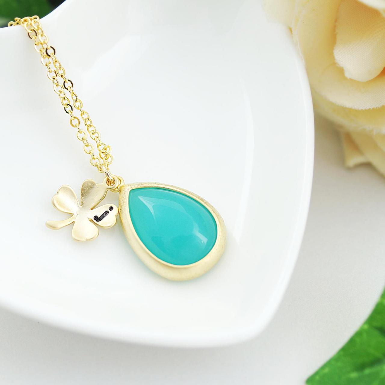Initial Necklace Personalized Necklace, Four Leaf Clover With Mint Opal Glass Necklace, Wedding Bridesmaids Gift For Her, Bridesmaid Jewelry