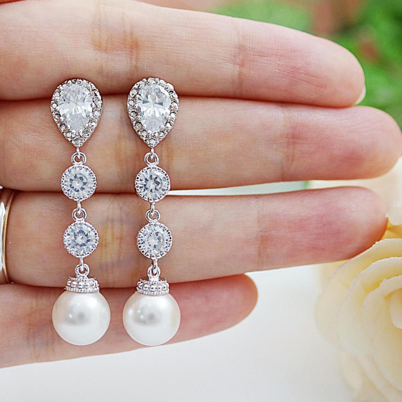 Weddings Bridesmaid Gift Bridal Jewelry Bridal Earrings Bridesmaid Earrings Swarovski Pearls And Cz Connectors Drop Dangle Earrings