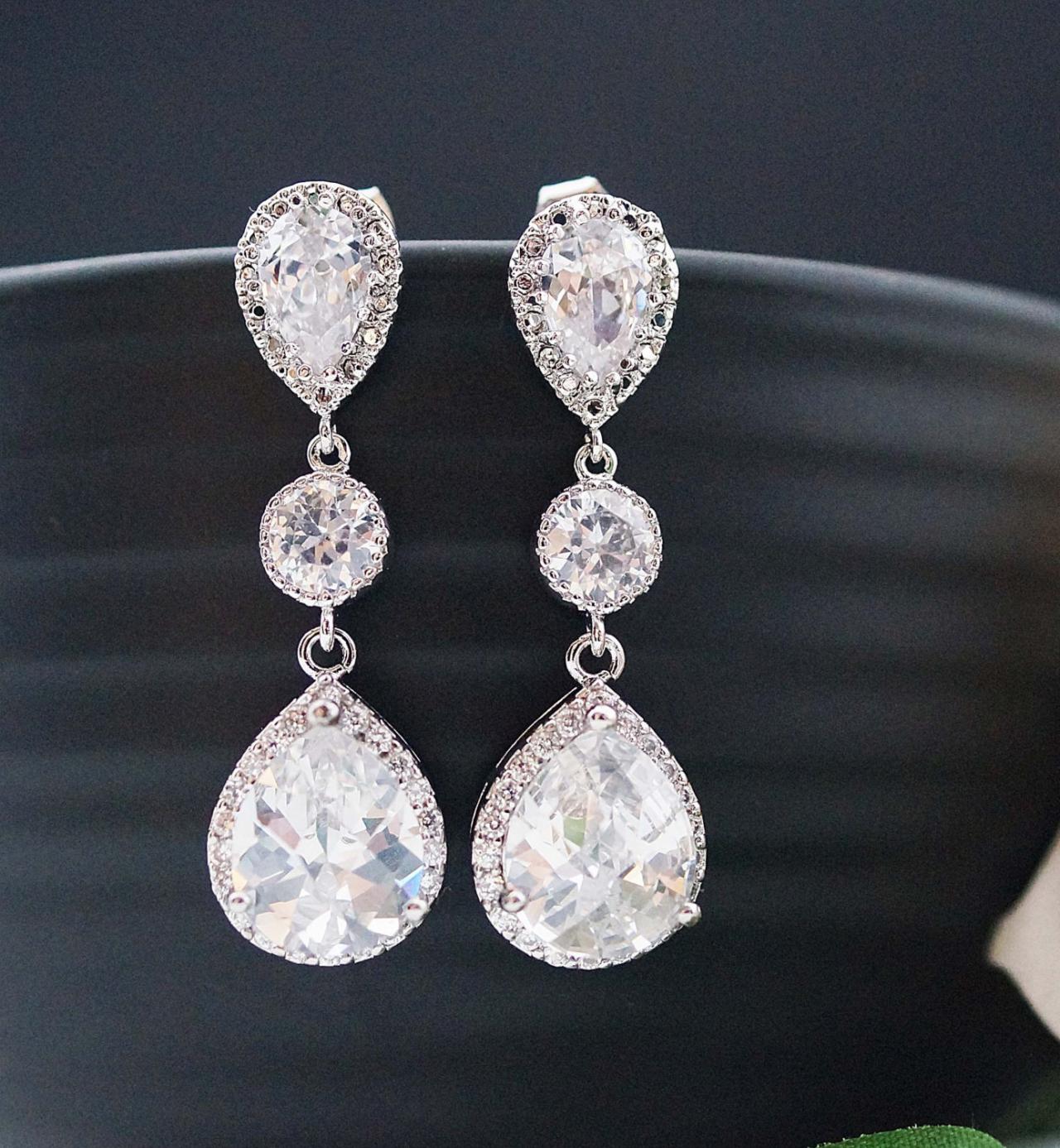 Wedding Bridal Jewelry Bridal Earrings Dangle Earrings cubic zirconia connectors and clear white (LUX) cubic zirconia tear drop Earrings