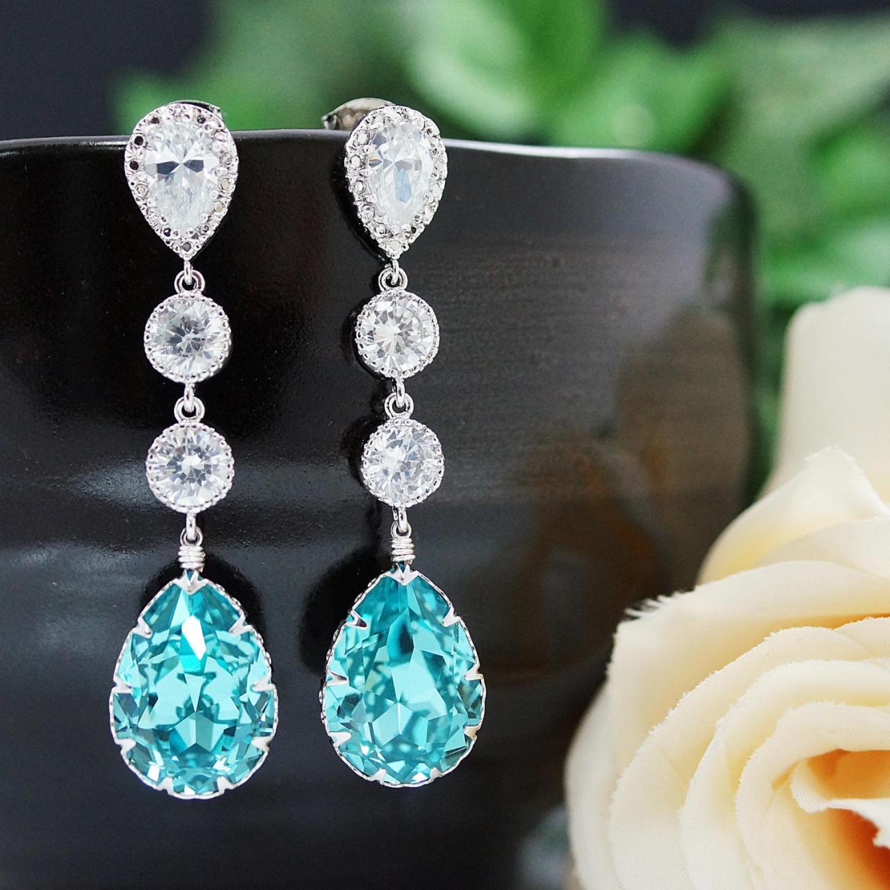 Wedding Bridal Jewelry Bridal Earrings Bridesmaids Gift Dangle Earrings Cubic Zirconia Connectors And Light Turquoise Swarovski Tear Drop