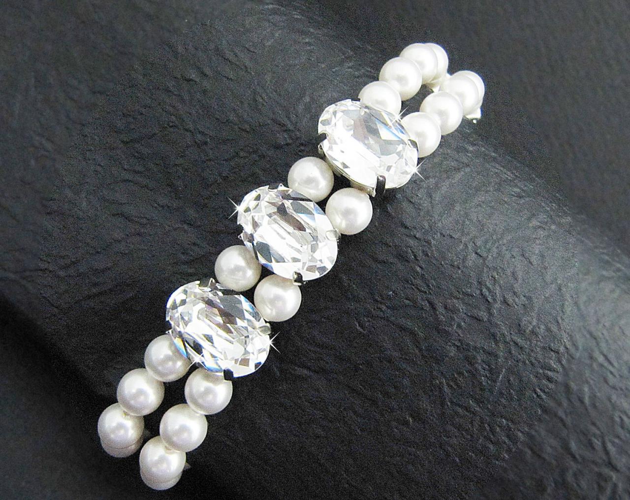Wedding Jewelry Clear Swarovski Oval Crystals With 2 Strands Of Crystal White Swarovski Pearls Bridal Bridesmaid Bracelet