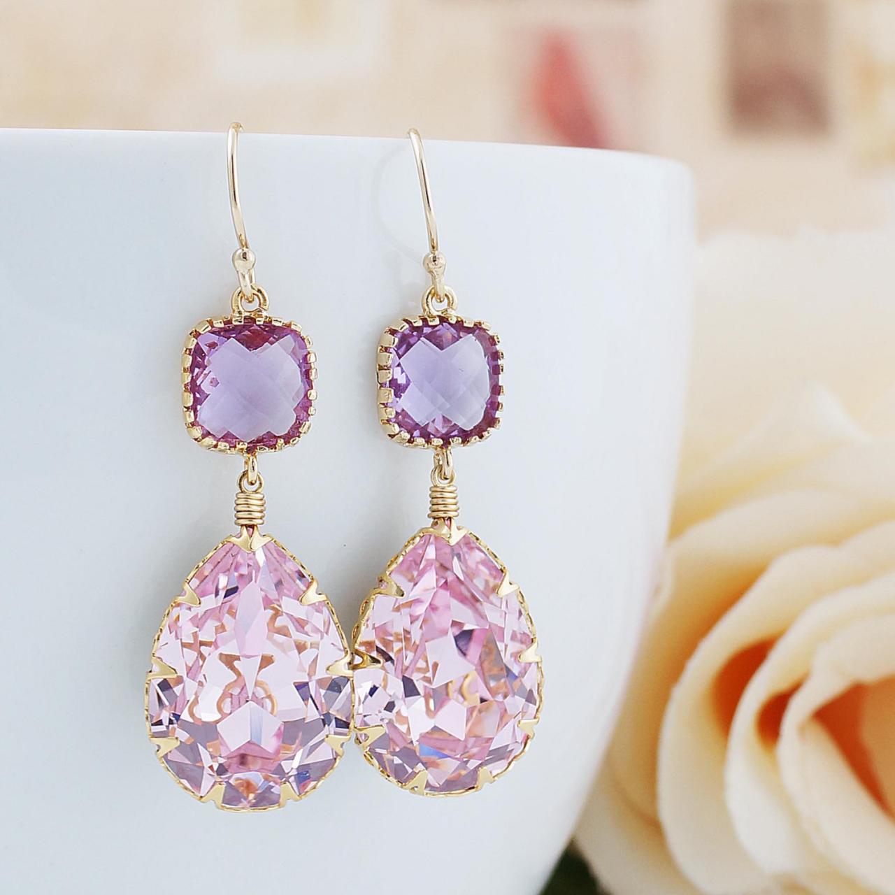 Rosaline Pink Swarovski Crystal Gold Filled Earrings - Dangle Earrings Pastel Earrings Weddings Bridesmaid Jewelry Bridesmaid Gift