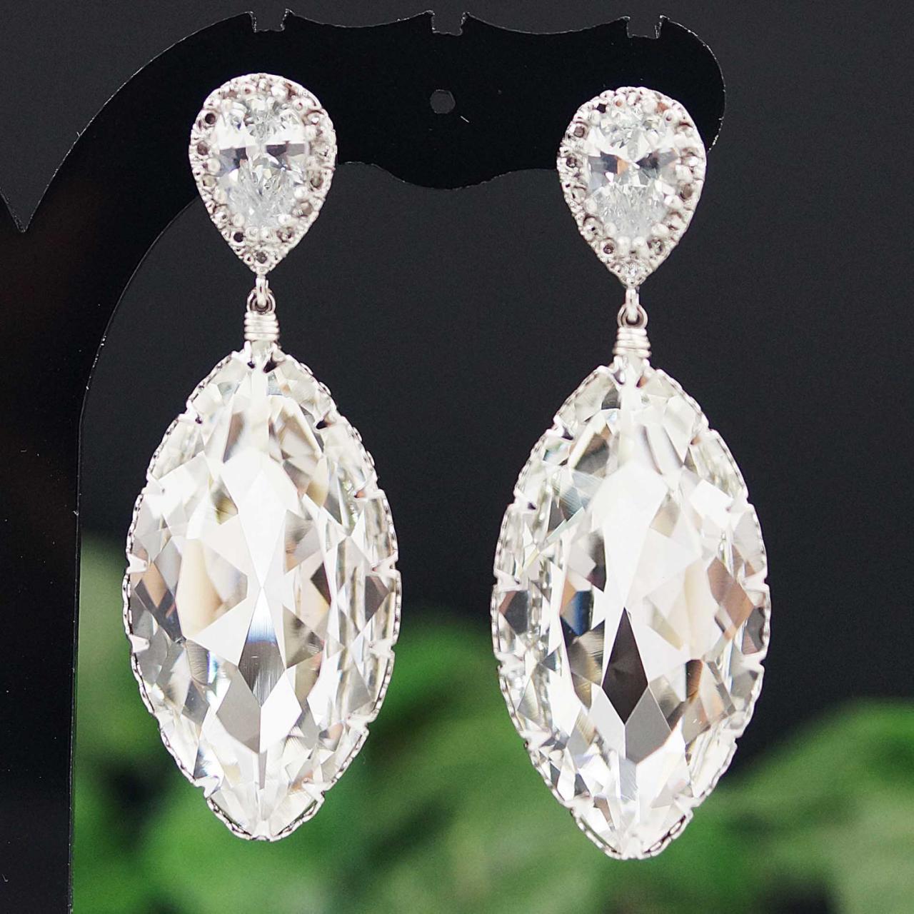 Matte Rodium Plated Cubic Zirconia Ear Posts With Clear White Swarovski Crystal Navette Drops Bridal Earrings