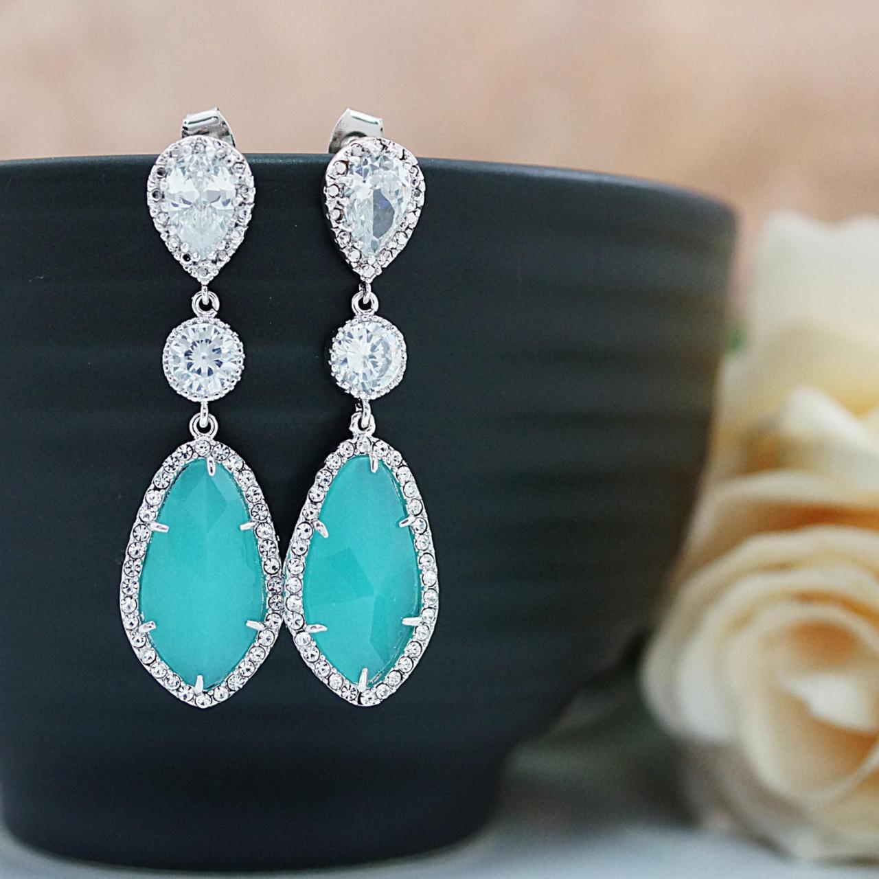 Wedding Jewelry Bridesmaids Gift Bridal Earrings Bridesmaid Earrings Dangle Earrings Lux Mint Opal With Cubic Zirconia Drop Earrings