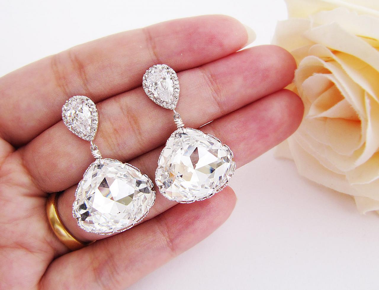 Bridal Earrings Bridesmaid Earrings Matte Rodium Plated Cubic Zirconia Earrings With Clear White Swarovski Crystal Triangle Drops