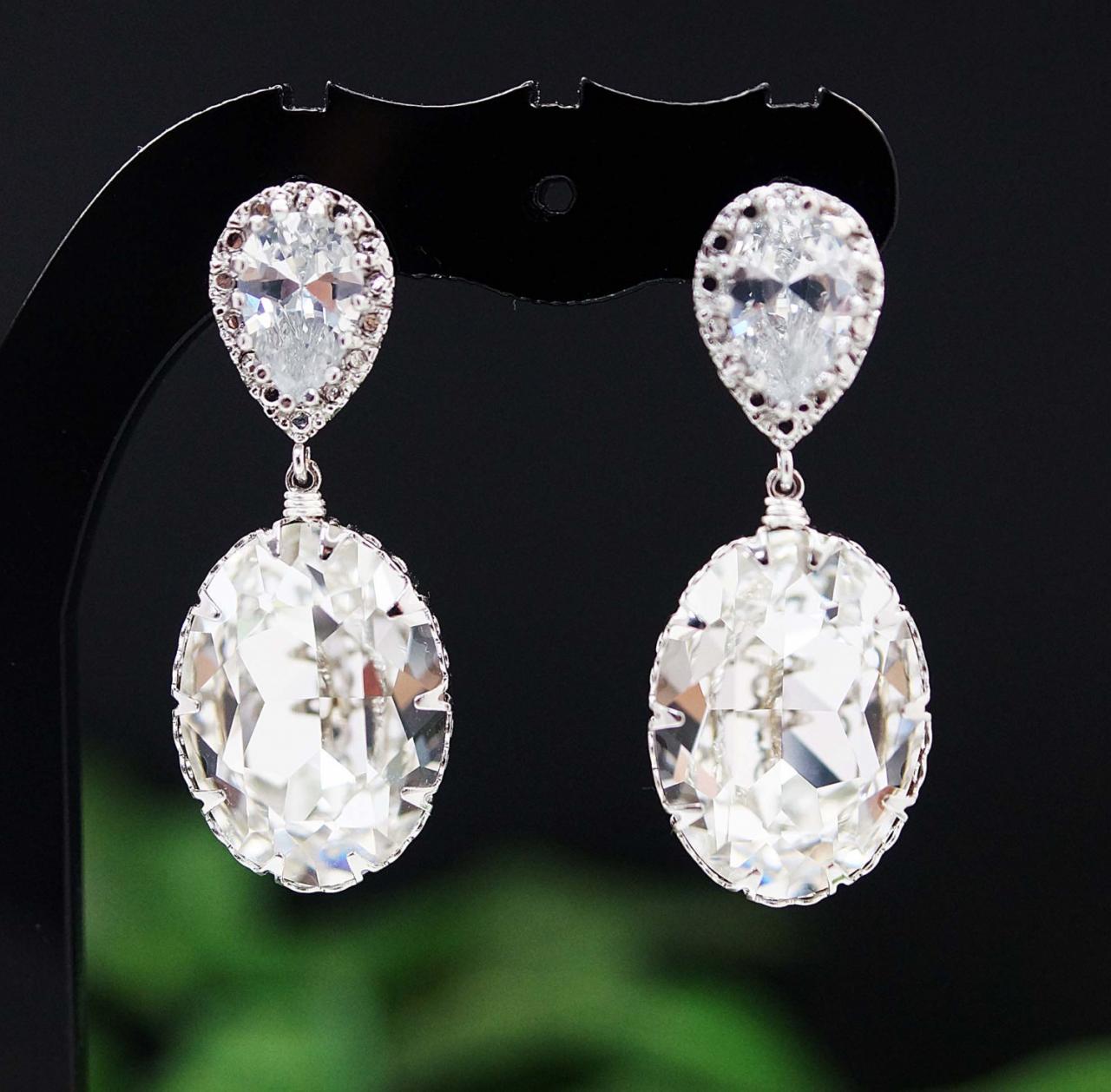 Wedding Jewelry Bridal Earrings Bridesmaid Earrings Cubic Zirconia Ear Posts With Clear White Swarovski Crystal Oval Drops