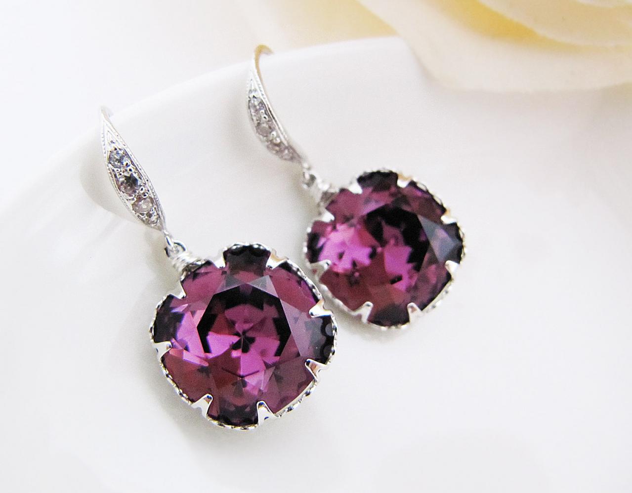 Rodium plated over Sterling Silver Ear hooks with Amethyst Swarovski Crystal Square drops Bridal Earrings