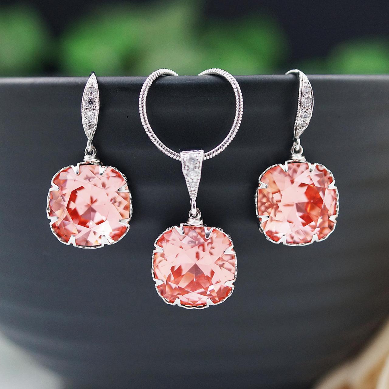 Bridesmaid Gifts Bridesmaid Earrings Cubic Zirconia Ear Wires With Rose Peach Coral Swarovski Crystal Square Drops Dangle Earrings