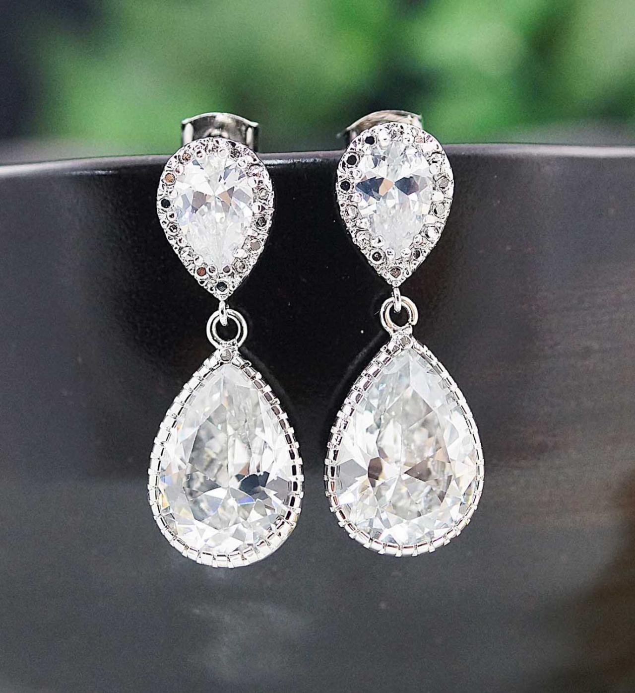 Wedding Bridal Earrings Bridesmaid Gift Bridesmaid Earrings Bridal Jewelry Clear White Large Cubic Zirconia Crystal Tear Drop Earrings