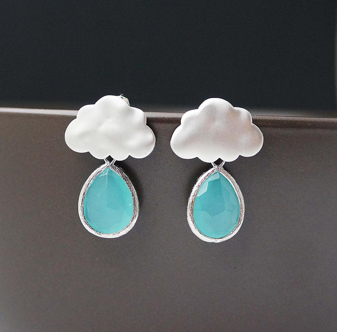 Rain Drops And Cloud Earrings - Matte Silver Finish Rain Cloud Ear Posts And Sea Foam Mint Opal Glass Tear Drops . For Her. Gift For Her