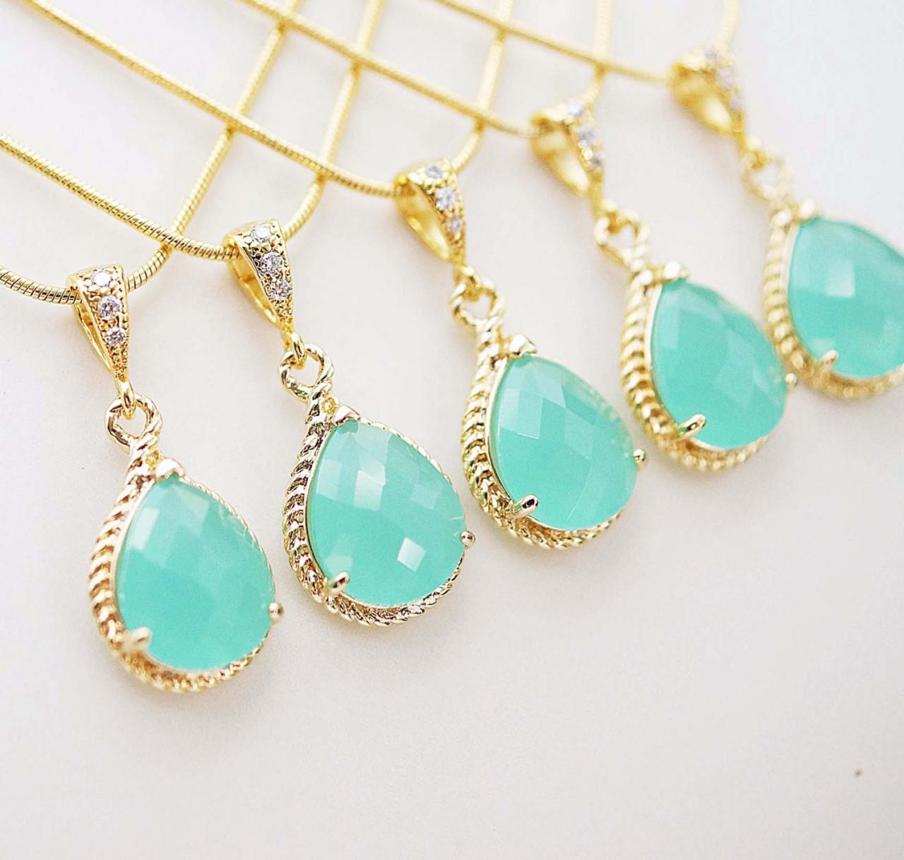 Wedding Jewelry Bridal Jewelry Bridesmaid Jewelry Bridesmaid Gift Bridesmaid Necklace Mint Opal Gold Trimmed Pear Cut Necklace