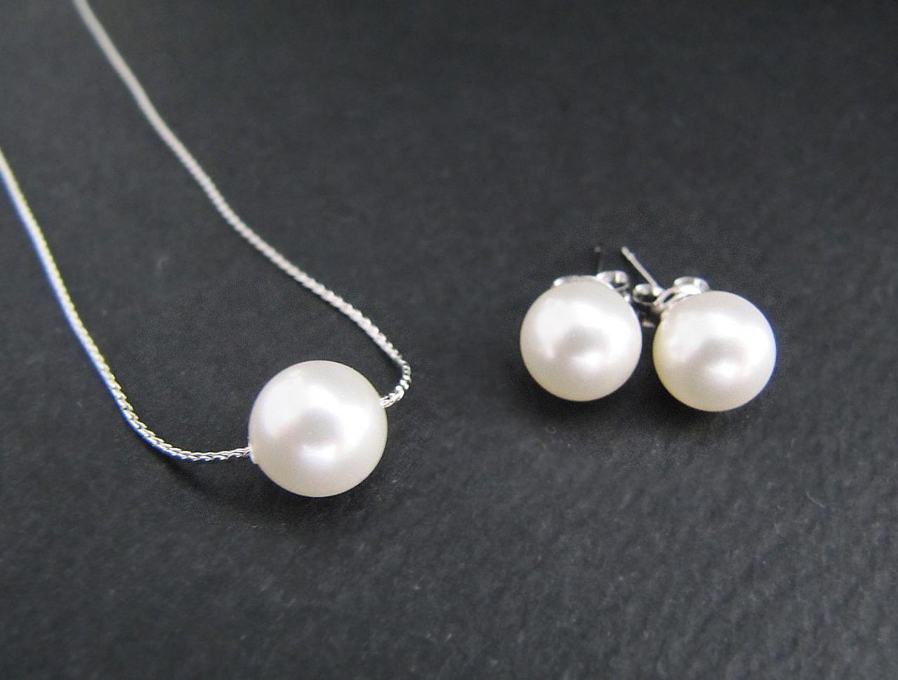 Sweet Crystal White Swarovski Pearls Ear Posts And Necklace Bridal Bridesmaid Jewelry Set