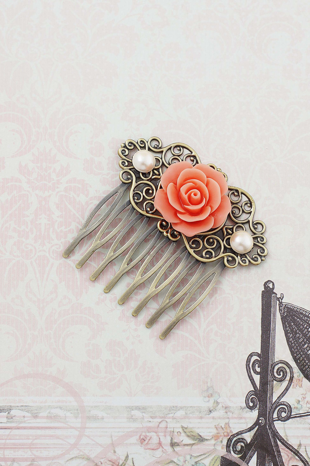Wedding Hair Accessories Bridesmaids Gift Wedding Hair Comb Vintage Style Coral Rose Flower Bridal Hair Comb Bridal Hair Accessories